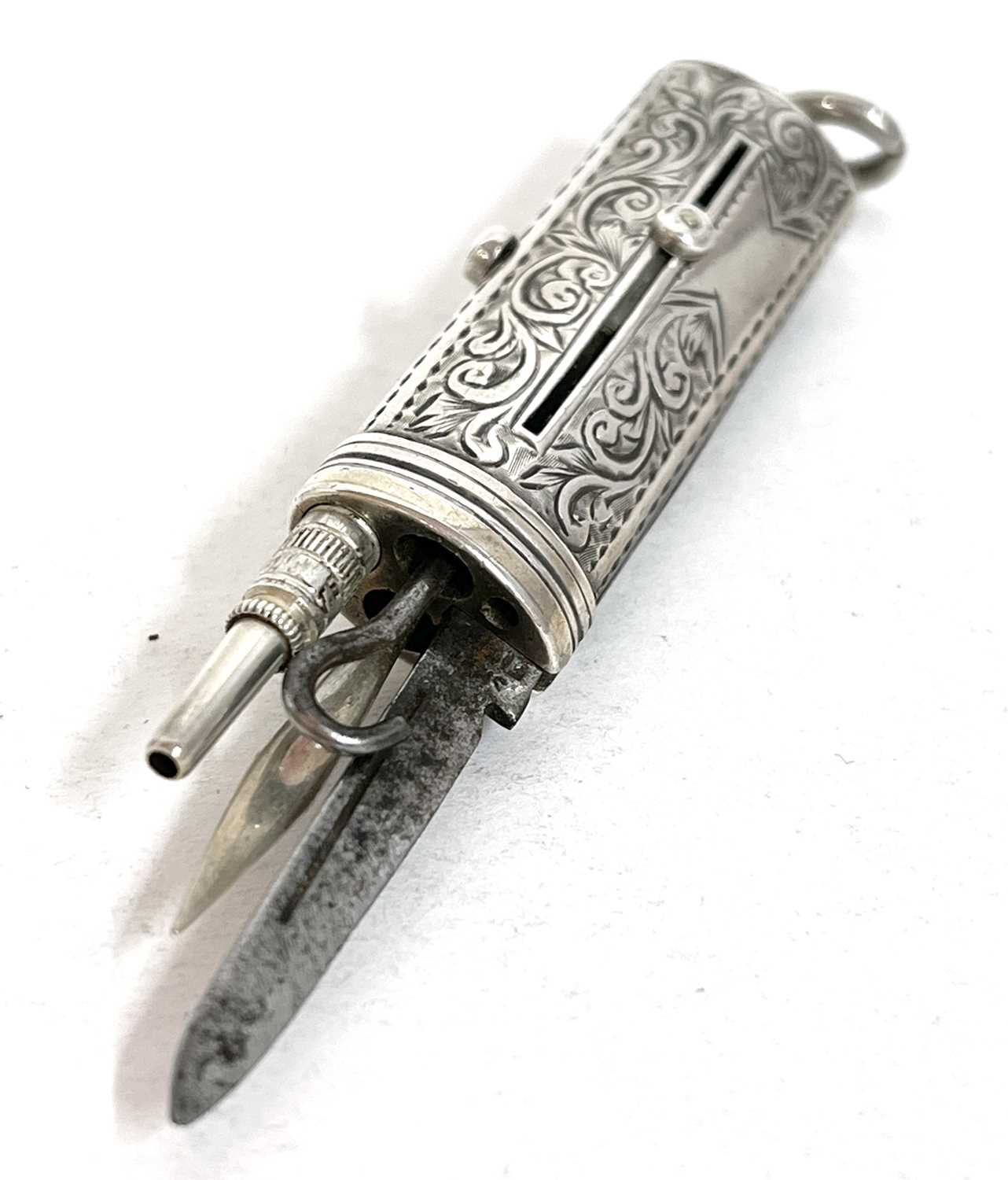 A small Victorian combined silver sliding pencil, button hook and penknife with engraved body and - Image 2 of 5