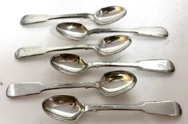 A set of six silver Exeter fiddle pattern teaspoons (initialled), hallmarked 1866, makers mark for
