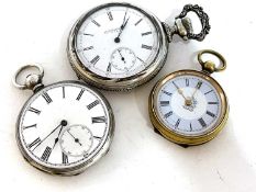 Three pocket watches, the first is a metal Reliance, USA which has a white enamel dial with sub-