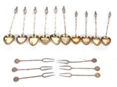 Group Lot: A set of six coffee spoons with gilt bowls 'bamboo' stems and mandarin finials together