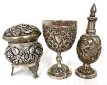 Mixed lot to include three white metal Eastern items, an egg cup, vase and cover together with a