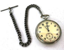 A metal Sekonda pocket watch with a metal chain, a manually crown wound movement and the dial