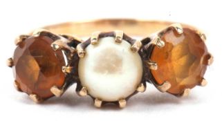9ct gold citrine and pearl three stone ring centering a small cultured pearl flanked by two round