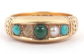 Antique 18ct gold turquoise and seed pearl ring, alternate set with three graduate turquoise and one