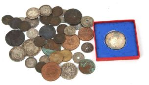 A small quantity of mainly English coinage to include an 1887 Victoria Sixpence, a William IV