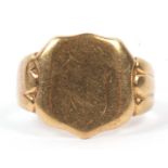 Antique 18ct gold signet ring, the shield shaped panel partially engraved with initials, raised