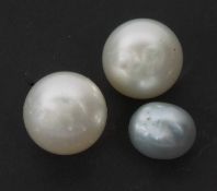 Two white South Sea cultured pearls together with a grey colour example, 15.28 mm, 14.38 mm and 10.3