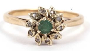 9ct gold emerald and diamond cluster ring, a flower head design, size O