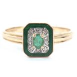 14ct gold emerald, diamond and enamel ring, the shaped rectangular panel centering an oval cut