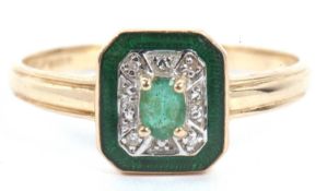 14ct gold emerald, diamond and enamel ring, the shaped rectangular panel centering an oval cut