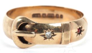9ct gold buckle ring highlighted with two small paste stones, hallmarked London 1981, g/w 4.7 gms,