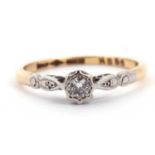 Single stone diamond ring, a round brilliant cut diamond in an illusion setting, diamond ct weight