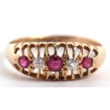 An 18ct five stone ruby and diamond ring, hallmarked Brimingham 1938, size M, 2.2g