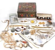 Mixed costume jewellery to include faux pearls, marcasite, cameos, brooches, gentleman's dress