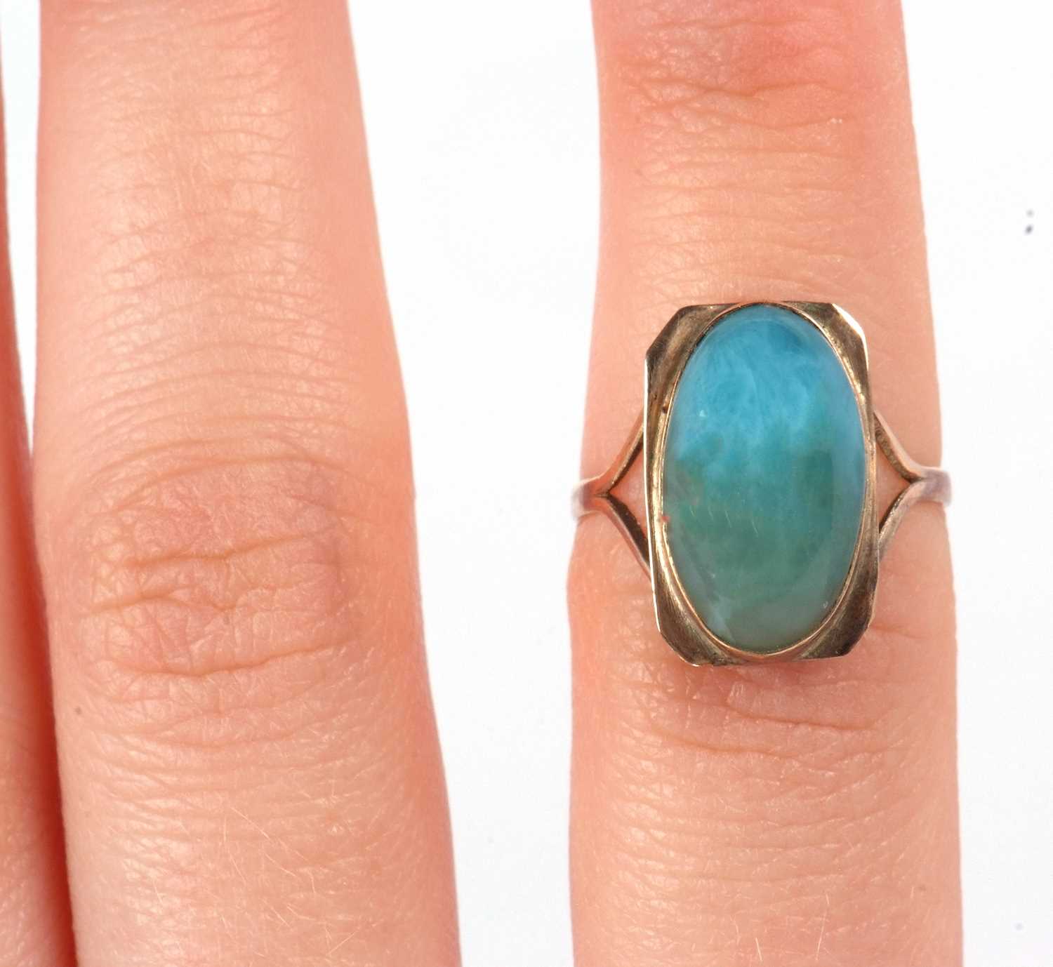 An Arts and Crafts style ring, the oval blue/turquoise cabochon, collet mounted with a rectangular - Image 8 of 8