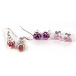 A mixed lot to include three pairs of 925 marked modern earrings, coloured paste set
