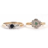 An 18ct emerald and diamond ring, size L, together with a 9ct and silver sapphire and white stone