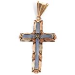 A blue synthetic spinel cross pendant, set with a single white stone to centre, all mounted in tri-