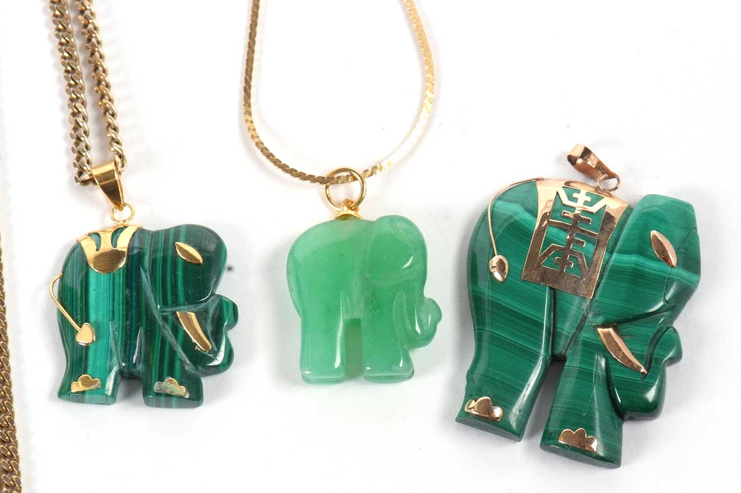 Three elephant pendants, the first a malachite pendant set with a Chinese character howdah, 3cm wide - Image 2 of 6