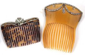 Early 20th century tortoiseshell hair comb set with a diamante four leaf clover and diamante swirls,