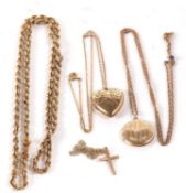 A 9ct rope twist chain, a 9ct round locket on unmarked chain, a 9ct cross on 9k chain and a 9ct