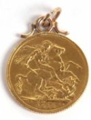 An 1912 sovereign pendant, with unmarked yellow metal pendant mount, 8.5g