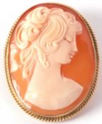 A 9ct mounted shell cameo brooch, the oval shell cameo carved with a portrait of a lady, collet