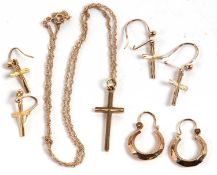 A quantity of 9ct gold jewellery to include a cross pendant and chain, two pairs of cross earrings