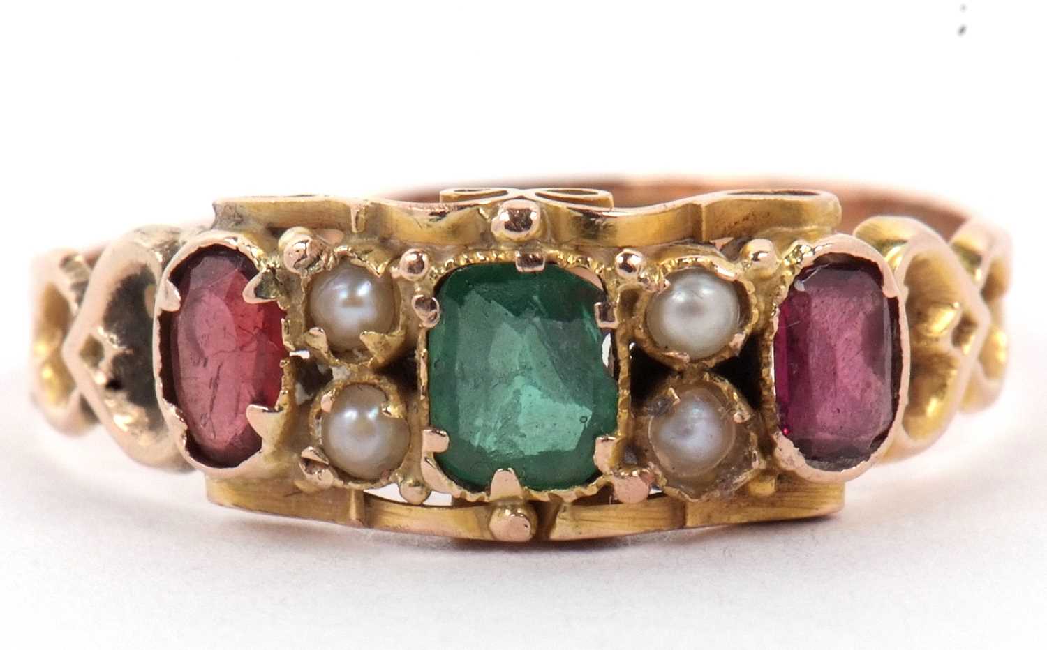 A late Victorian garnet, green stone and seed pearl ring, with pierced gallery and shoulders and - Image 2 of 10