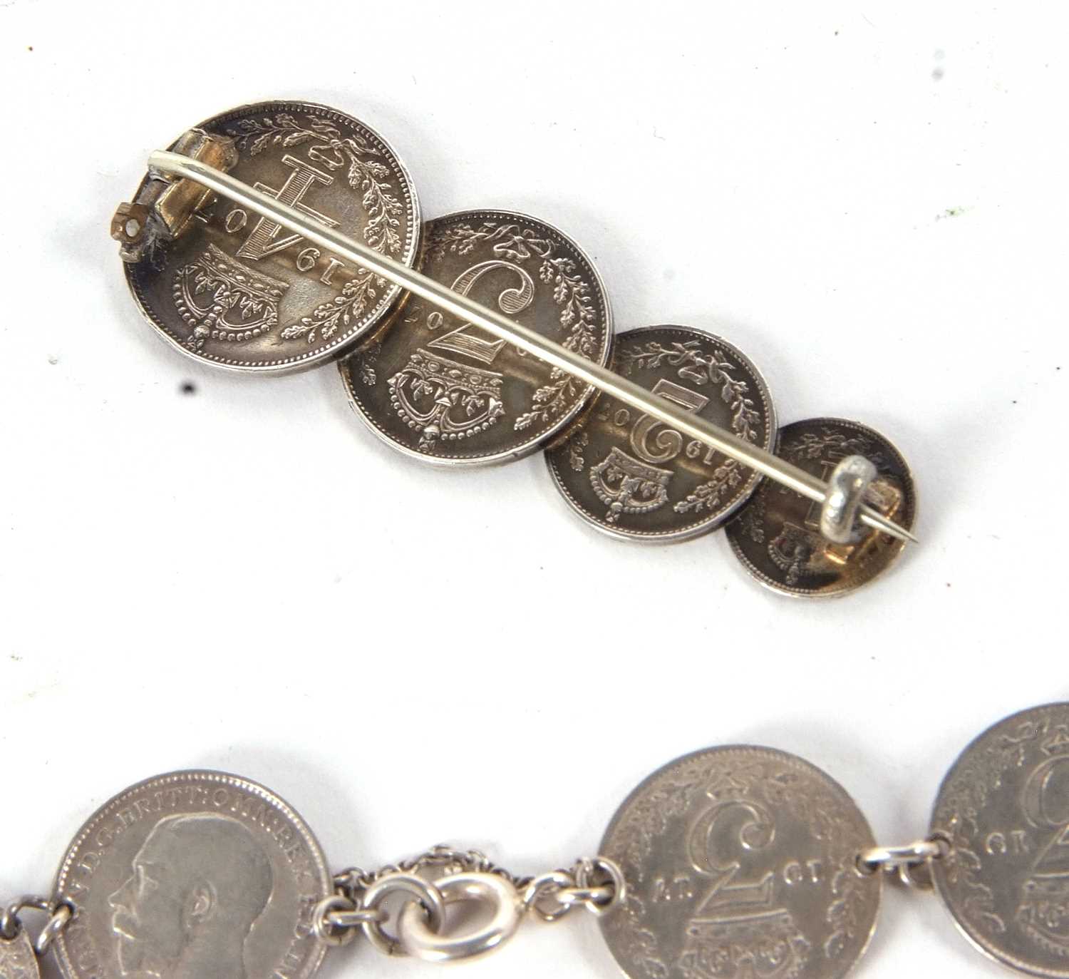 A threepence coin bracelet and a coin brooch, 23g gross - Image 2 of 4