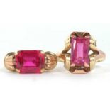Two synthetic ruby rings, the first a pink rectangular mixed cut synthetic ruby in an Odeonesque