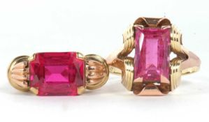 Two synthetic ruby rings, the first a pink rectangular mixed cut synthetic ruby in an Odeonesque