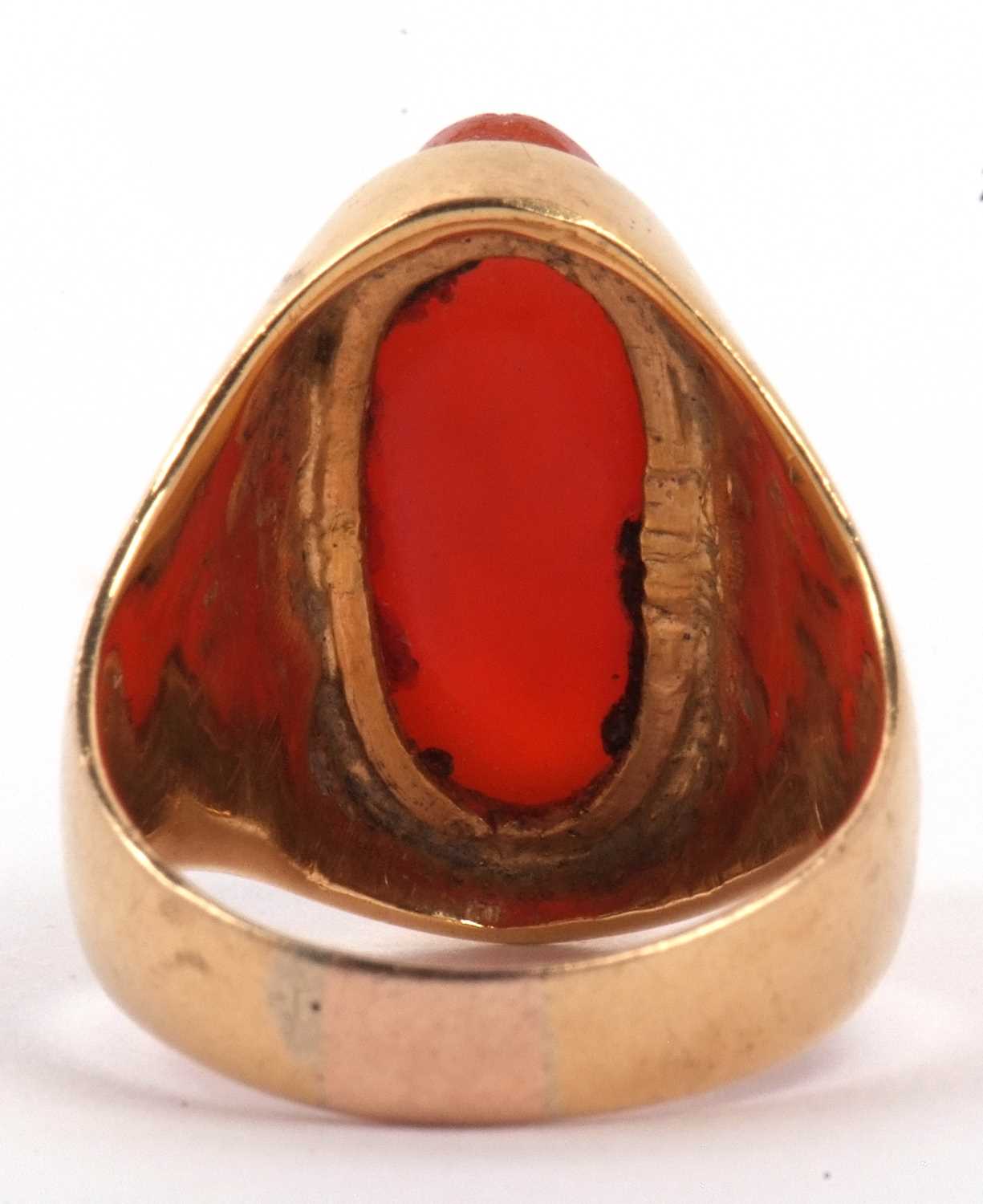 High grade yellow metal and carnelian set ring, the elongated oval shaped carnelian carved with - Image 4 of 7