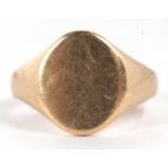 A blank signet ring in unmarked yellow metal (tests as approx. 9ct gold), size J, 4.4gHead size