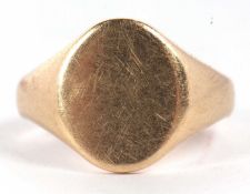 A blank signet ring in unmarked yellow metal (tests as approx. 9ct gold), size J, 4.4gHead size