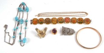 Mixed jewellery to include an amethyst pendant, an Indian painted bone bracelet, a faux turquoise