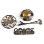Scottish silver jewellery, to include a silver Cairngorm style brooch, Glasgow 1955, 43cm