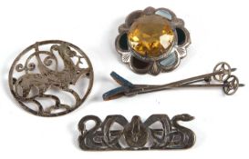 Scottish silver jewellery, to include a silver Cairngorm style brooch, Glasgow 1955, 43cm
