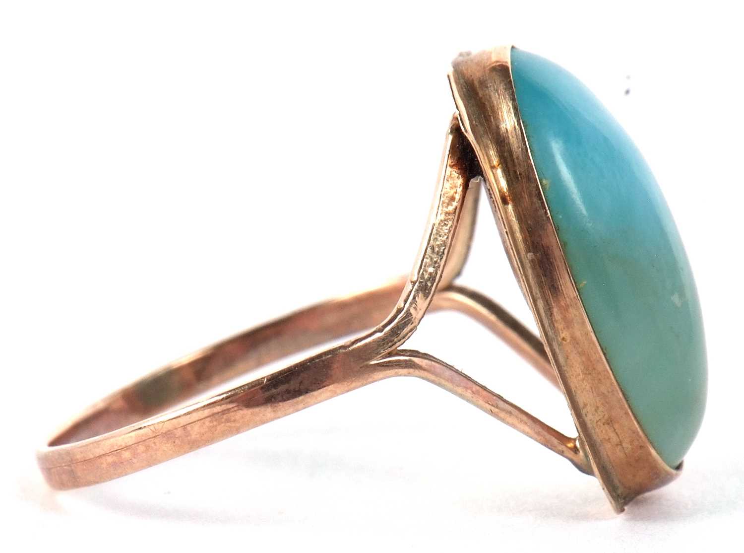 An Arts and Crafts style ring, the oval blue/turquoise cabochon, collet mounted with a rectangular - Image 6 of 8
