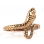 A 9ct snake ring, the naturalistically modelled snake with half textured band, stamped 375, hallmark