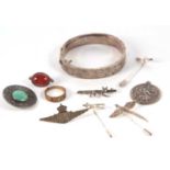 Mixed lot: a quantity of silver and white metal jewellery to include a hinged bangle, Arts and