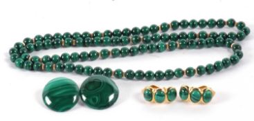 A malachite bead necklace and two pairs of malachite earrings, the round malchite beads, approx. 8mm