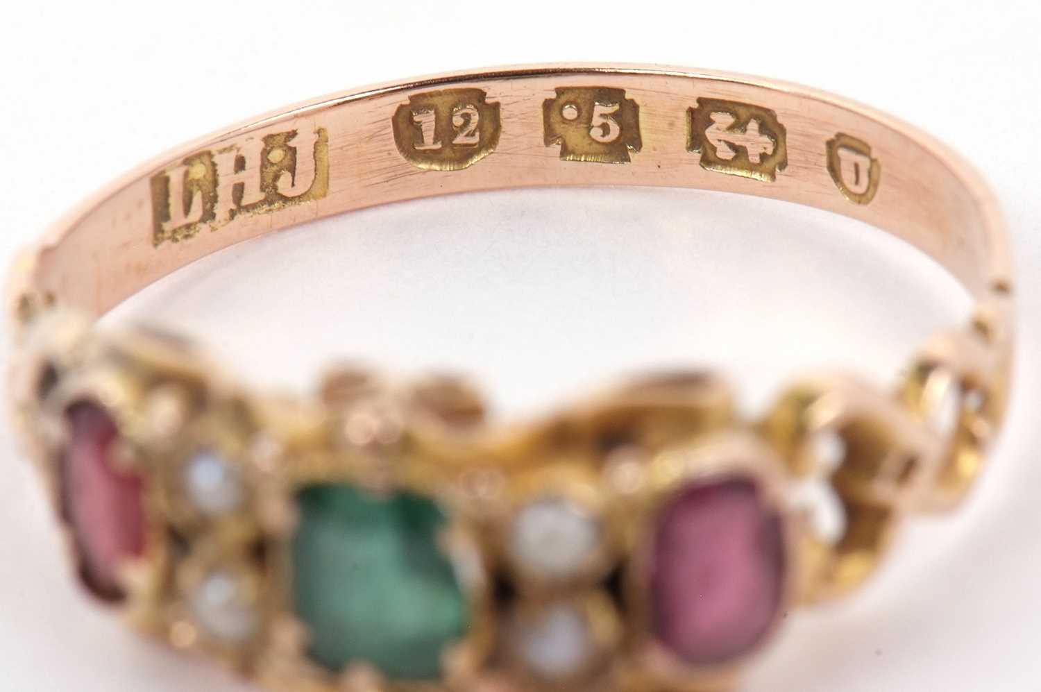 A late Victorian garnet, green stone and seed pearl ring, with pierced gallery and shoulders and - Image 7 of 10