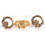 An 18ct Claddagh ring and similar 9ct earrings, the ring stamped 18ct to inner band, size P, 4.6g,