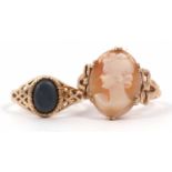 Mixed Lot: A modern cameo ring stamped 9ct (a/f) together with a 9ct gold ring centering an oval