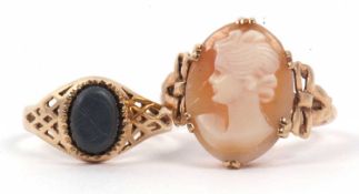 Mixed Lot: A modern cameo ring stamped 9ct (a/f) together with a 9ct gold ring centering an oval