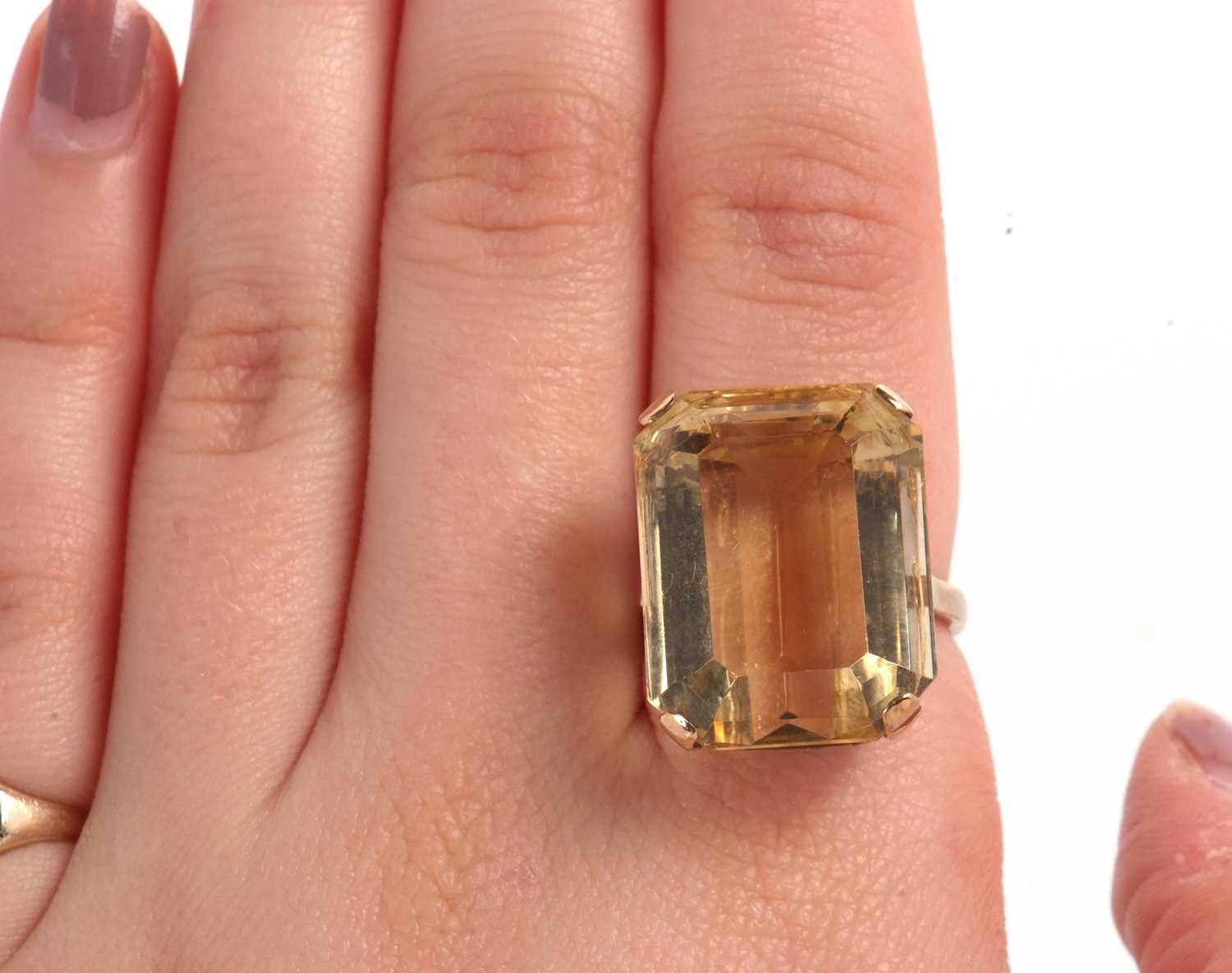A 9ct citrine ring, the emerald cut citrine, approx. 21 x 16 x 12mm, in a four claw mount and - Image 9 of 10