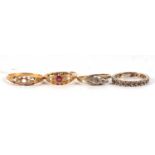 Four gemset rings, one stamped 18ct, one indistinctly stamped 9ct and two others with worn marks, (