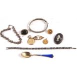 Mixed lot to include a silver gilt and blue enamel teaspoon by David Anderson, Norway, a