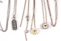Two floral gemset and enamel pendant necklaces, one daisy pendant in white and yellow enamel set